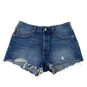 Levis Women’s 501 Button Fly Raw Hem Blue Denim Jean Cut Off‎ Shorts Sz 29